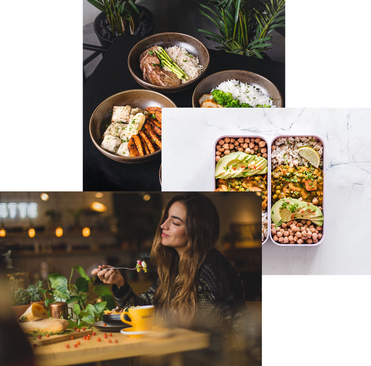 Woman enjoying food, meals in storage container and food bowls on a table